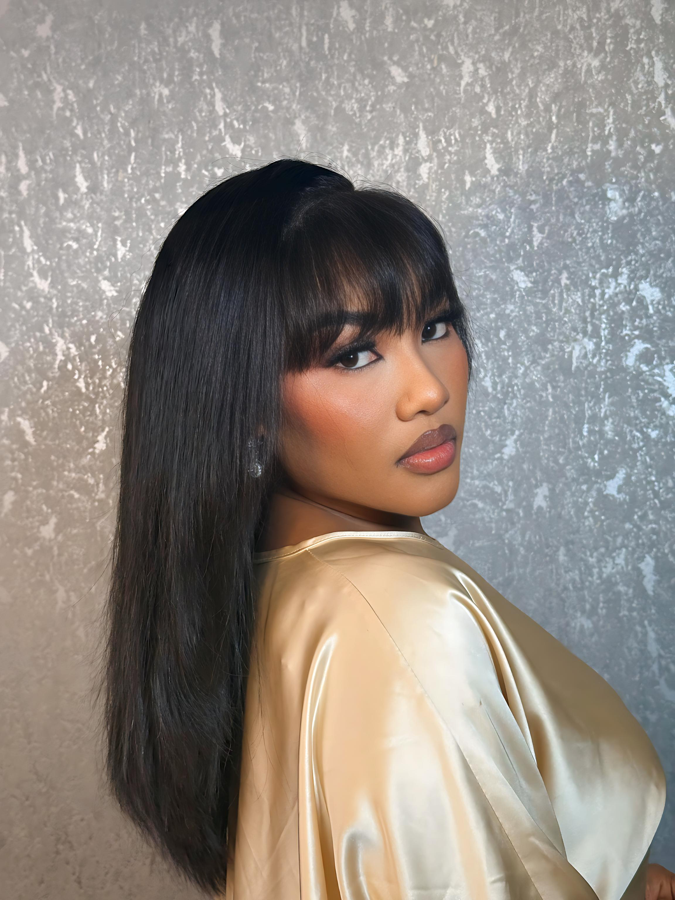 16 inches raw hair layered side-fringe in Jet black